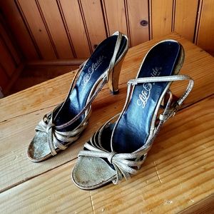 Vintage metallic silver high heel strappy sandals